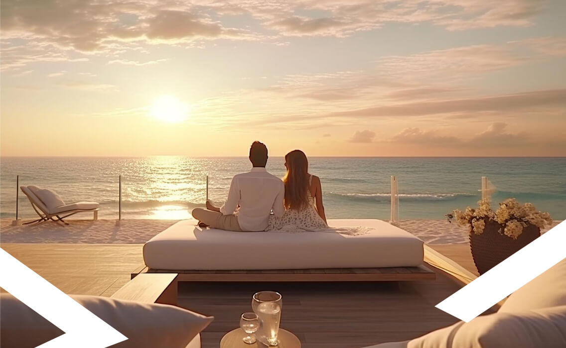 Viajes de novios. Creamos tu viaje a medida. Una pareja sentada en una cama balinesa mira al horizonte en la puesta de sol frente al mar