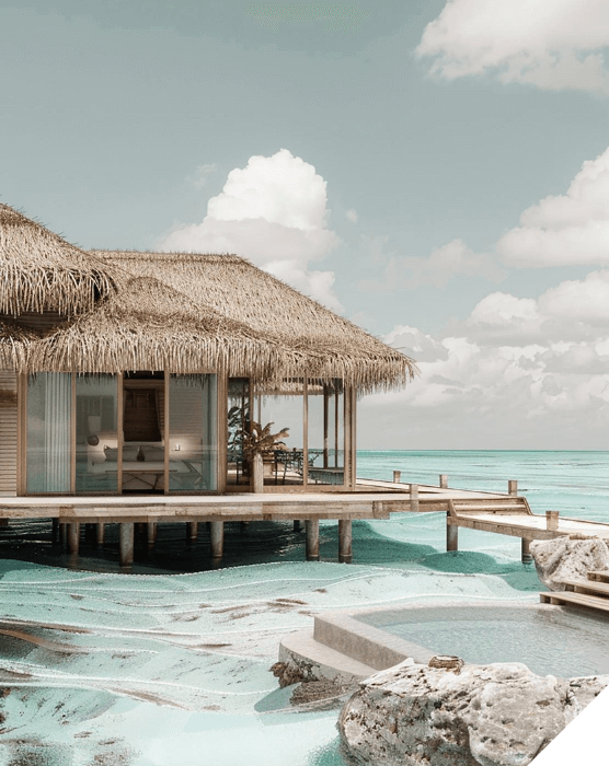 Experiencias premium. Alojamientos de ensueño en el mar. Cabaña flotante sobre un mar turquesa