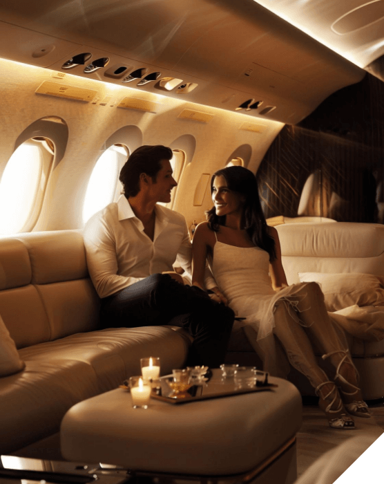 Experiencias premium. Muévete por aire. Una pareja sonriente se mira mientras están sentados en un avión privado