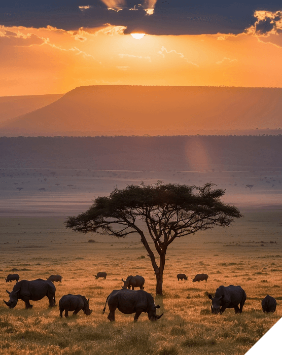 Viajes a medida. Destinos singulares. Puesta de sol en una llanura con rinocerontes alrededor de un árbol en Zambia