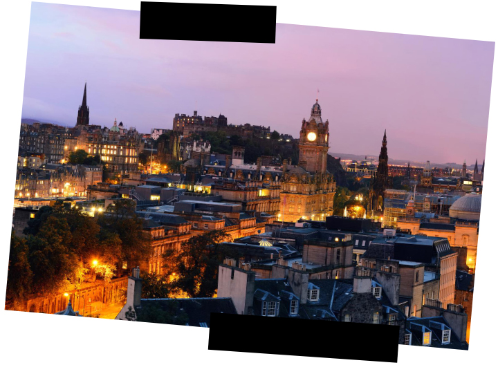 Viajes a medida. Viajes que inspiran. Panorámica de Edimburgo anocheciendo