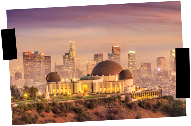 Viajes a medida. Viajes que inspiran. Skyline de la ciudad de Los Ángeles al anochecer con el Observatorio Griffith