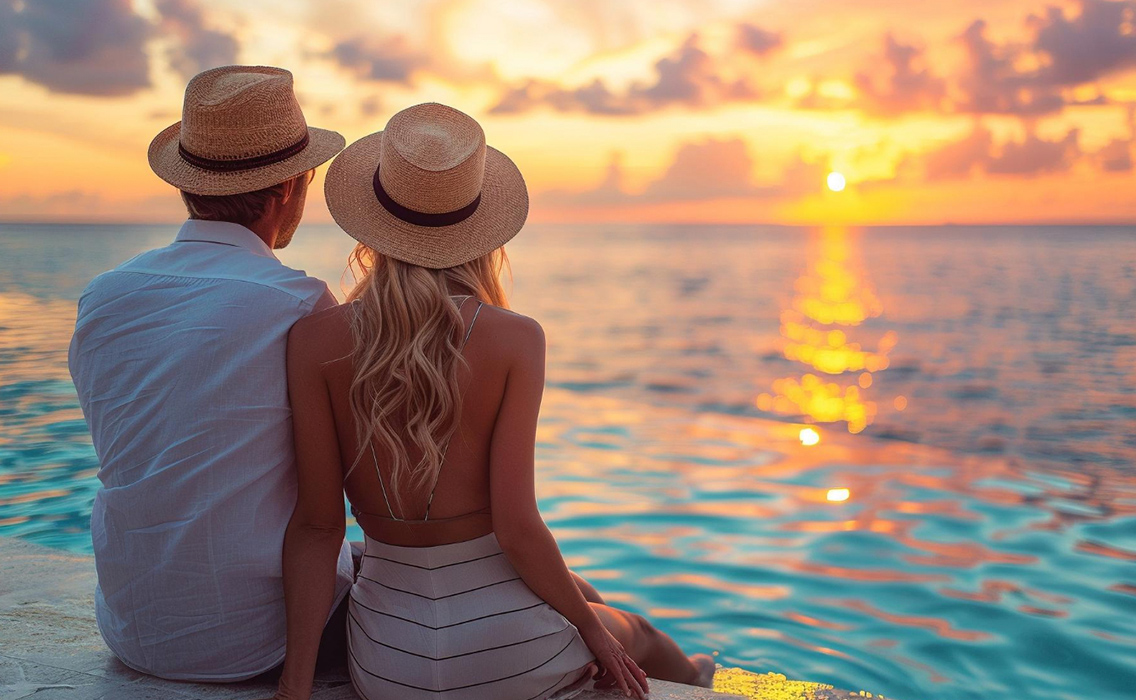 Pareja frente al mar disfrutando de un atardecer único.