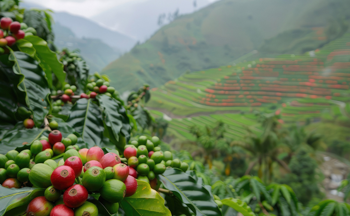 Campos de cultivo de café en la región de Colombia.