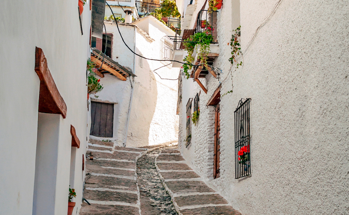 Calle tradicional de Granada con fachadas blancas, perfecta para un viaje exclusivo y personalizado por la ciudad