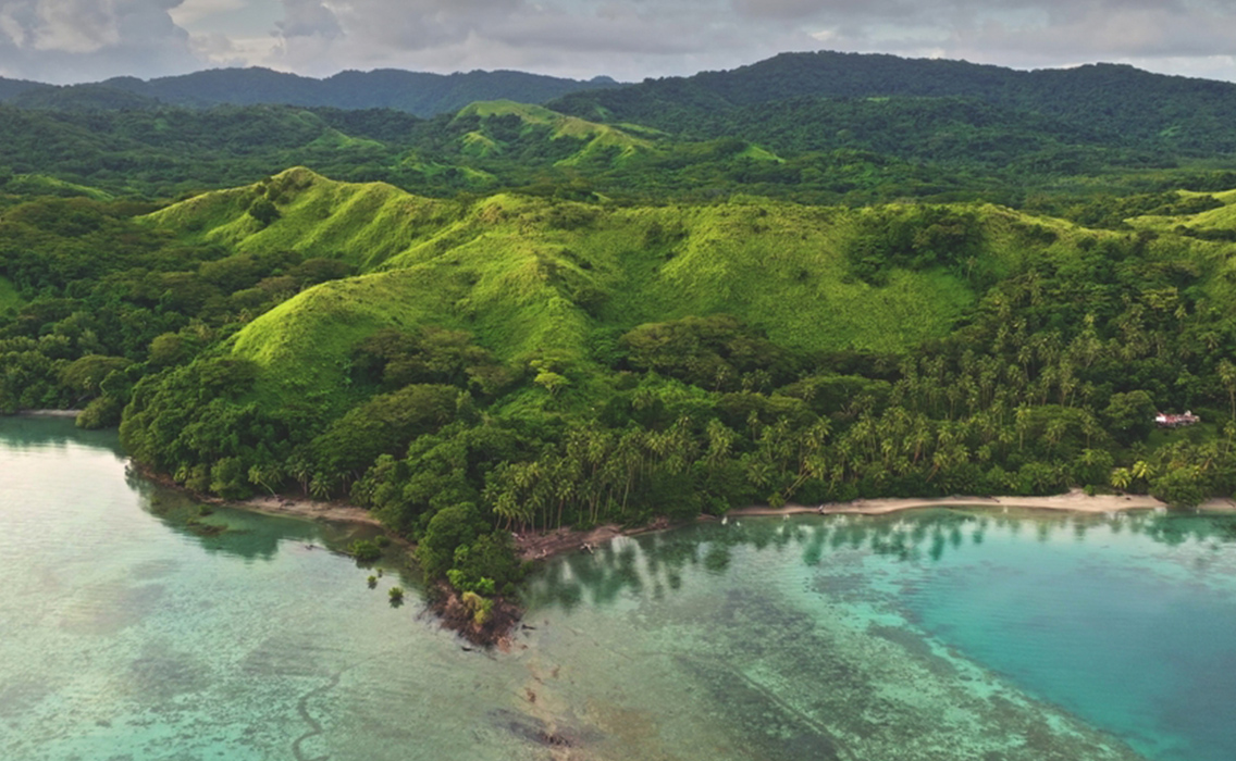 Costa paradisíaca de Fiyi con aguas cristalinas y vegetación exótica, un destino exclusivo para viajes de lujo diseñados a medida
