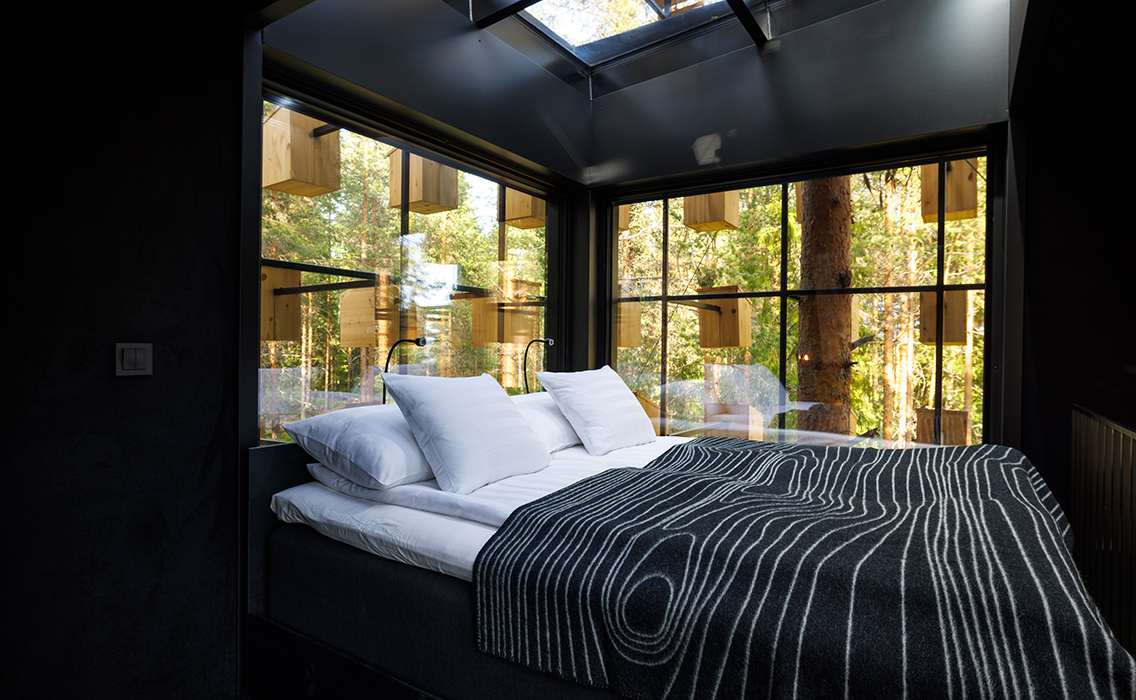 Interior de casa en los árboles de lujo, habitación de diseño integrada en la naturaleza para viajes exclusivos a medida