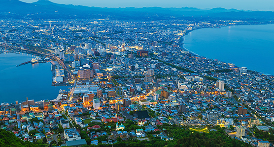 Vista nocturna de la bahía de Hakodate en Hokkaido, Japón, con la ciudad iluminada entre el mar y las montañas.