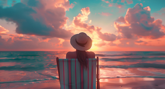 Mujer contemplando un espectacular atardecer desde una hamaca durante un viaje de lujo a medida diseñado para desconectar y disfrutar sin prisas.